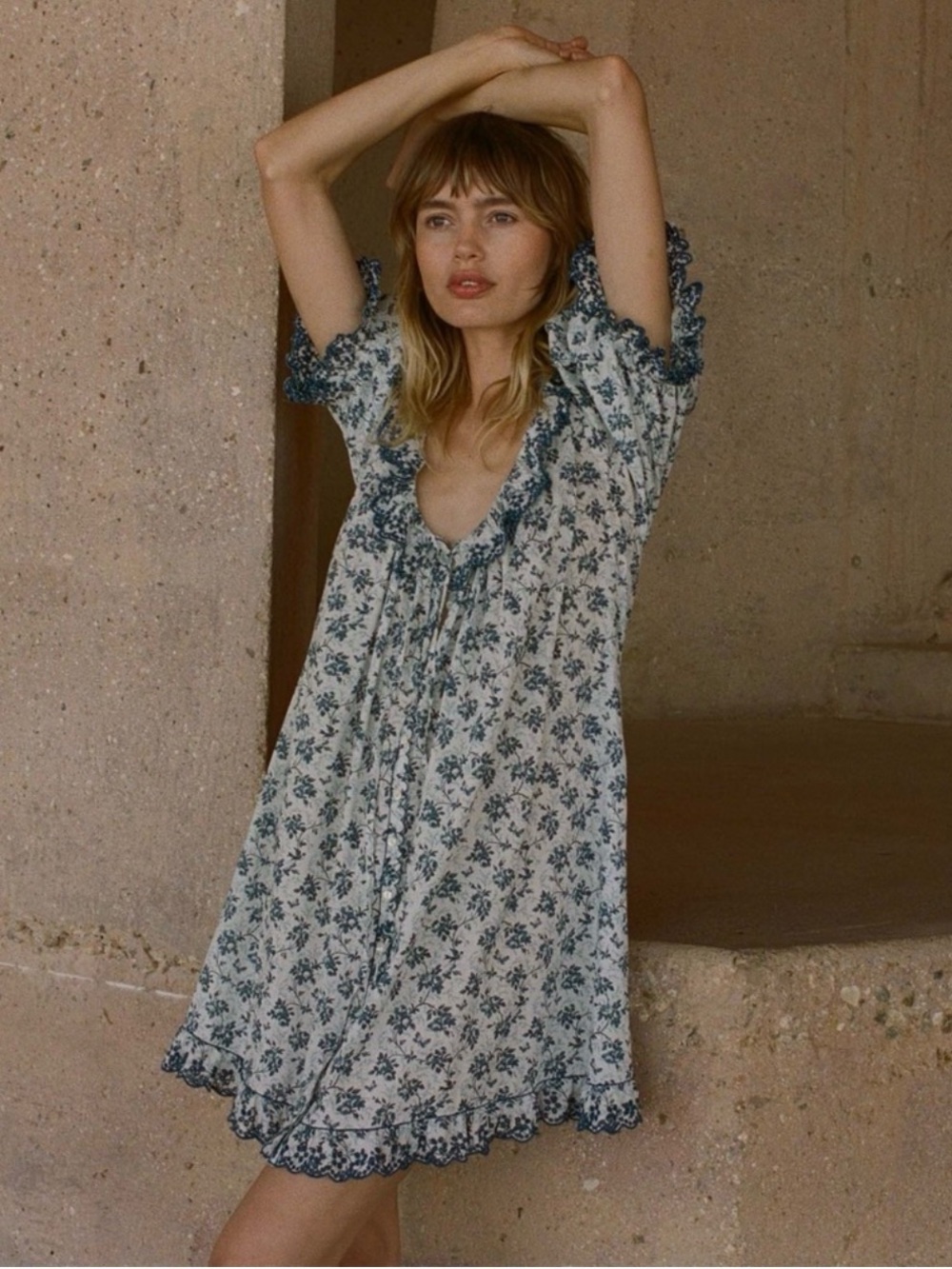 Doen Cream Mini Dress with Blue Floral Print